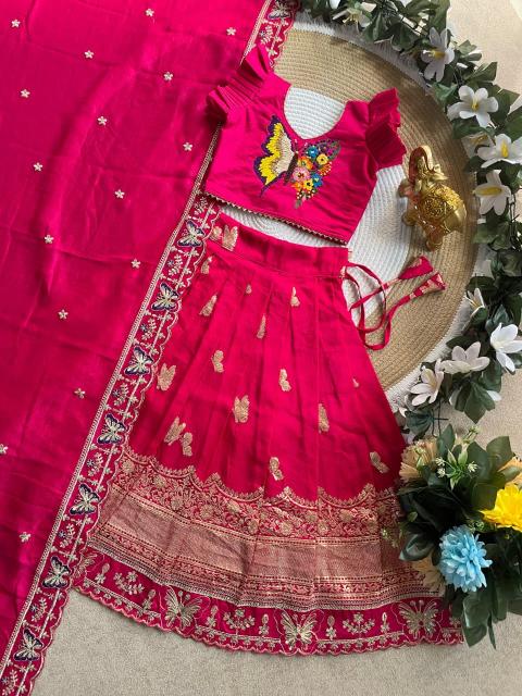 Butterfly Buff Lehengha-Choli Dupatta Vichitra Silk Pink Children wear manufacturer in Kolkata - wholesale export